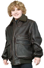 K7396 Kids Leather Bomber Jacket with White Fur Collar