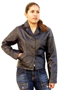 A32 Ladies Short Leather Jacket w/ straps at waist--front view