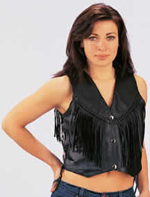 ladies genunie leather vests--Style 663 has fringes and is suede with side lacing and 3 silver snaps 