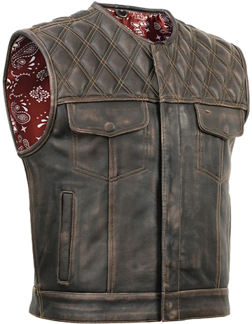 V-KNIGHT Mens Short Body Brown Leather Club Vest with Zipper and Diamond Pattern Click for Larger View